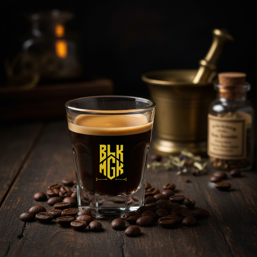 Shot of BLK MGK espresso hemp spirit with yellow logo on shot glass surrounded by coffee beans with alchemist bowl and herbs in background