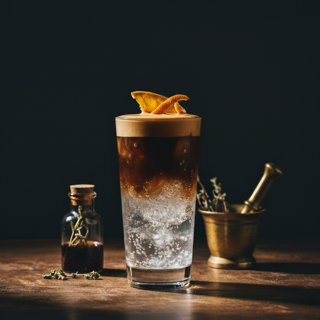espresso tonic in tall glass using BLK MGK espresso hemp spirit garnished with an orange and herbs featured in the background