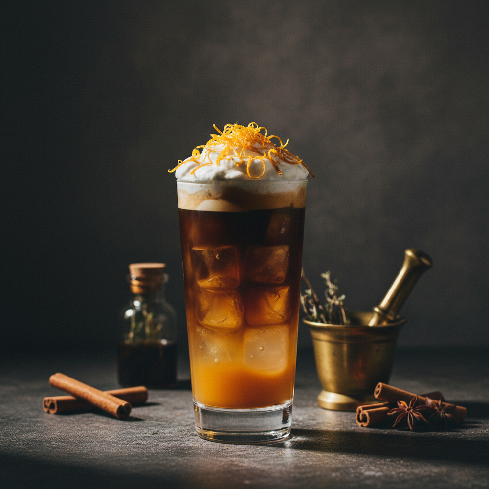 citrus sigil cocktail in highball glass with orange juice at bottom and BLK MGK espresso hemp spirit at top, garnished with whipped cream and orange zest with cinnamon and star of anise spices on table