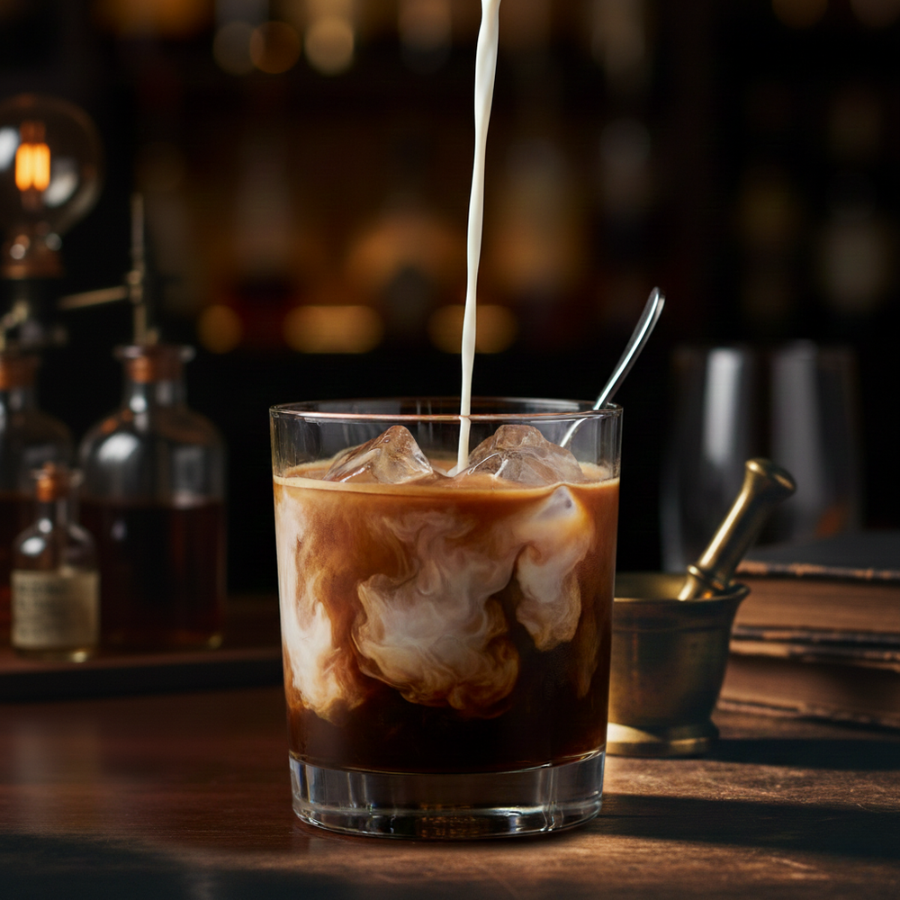 creamy coffee drink using BLK MGK espresso hemp spirit sitting on a dimly lit bar with various bar ingredients in background