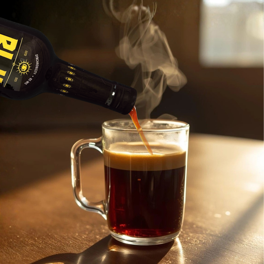 steaming hot glass mug of coffee with BLK MGK espresso hemp spirit pouring into glass