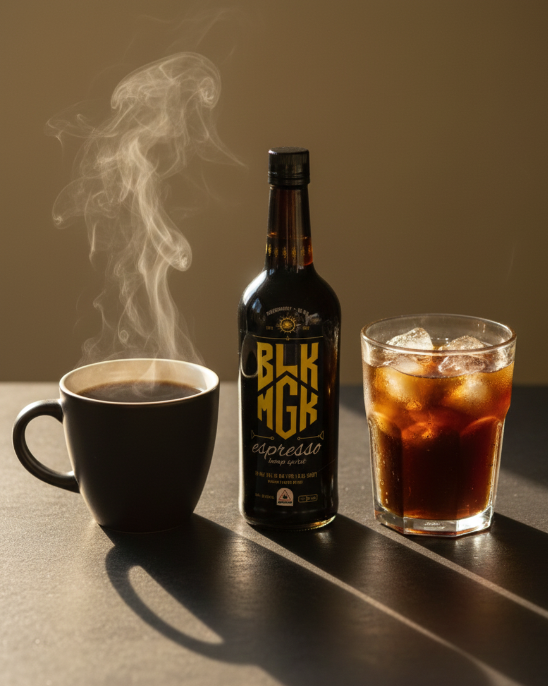 steaming hot coffee and an iced coffee in tall glass on either side of BLK MGK bottle in the morning sunlight