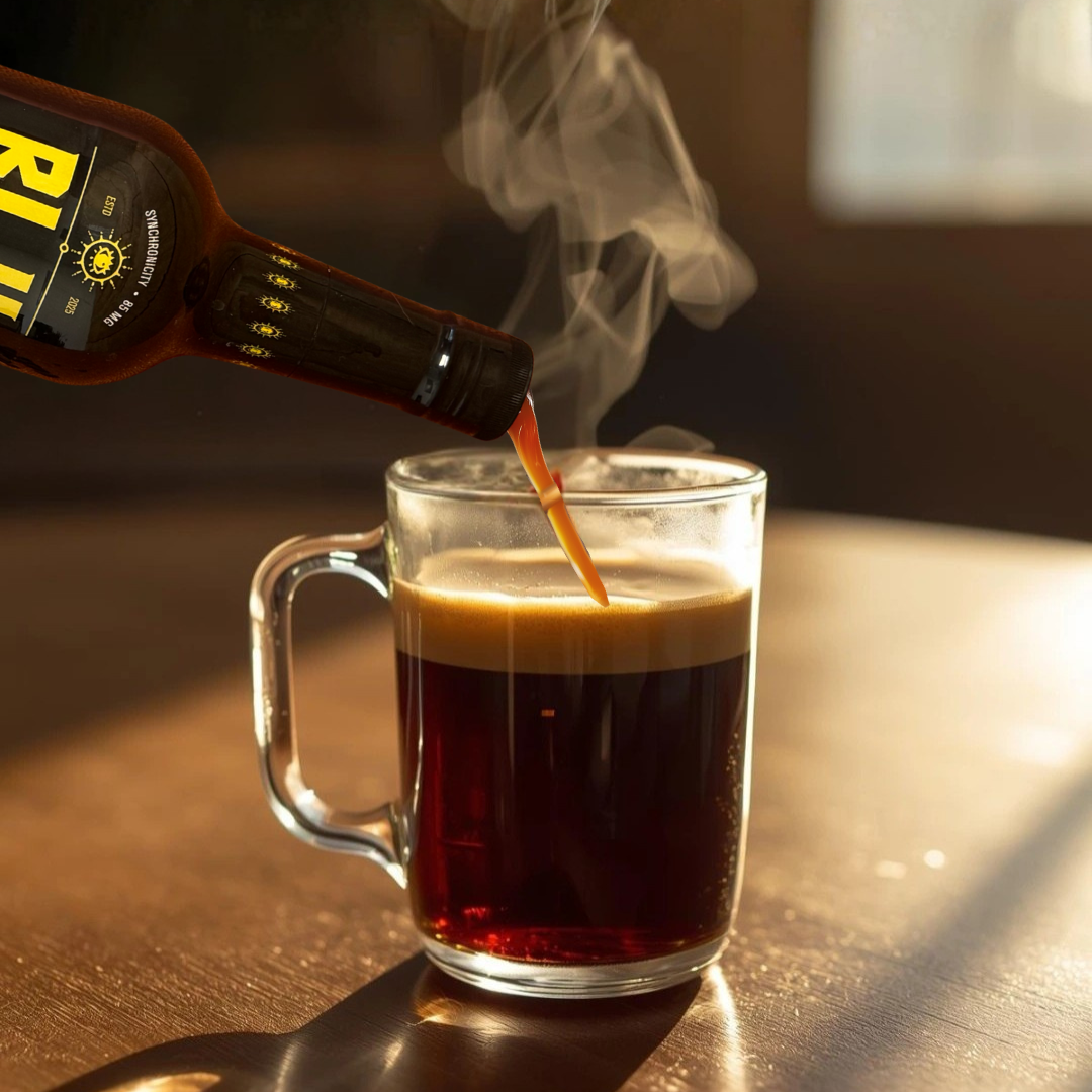 steaming hot glass mug of coffee with BLK MGK espresso hemp spirit pouring into glass