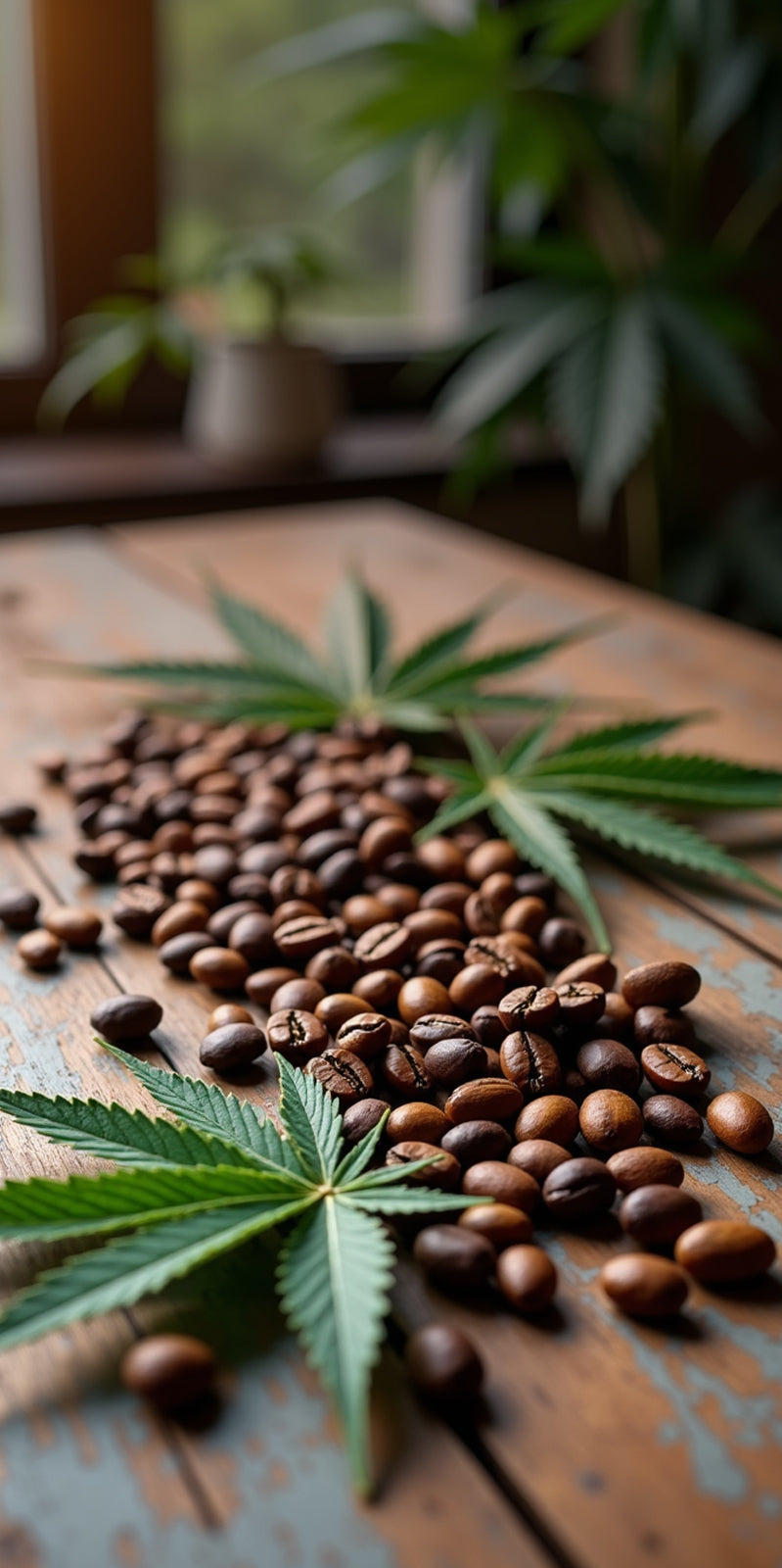 Hemp leaves and coffee beans on a wooden surface with a blurred indoor background