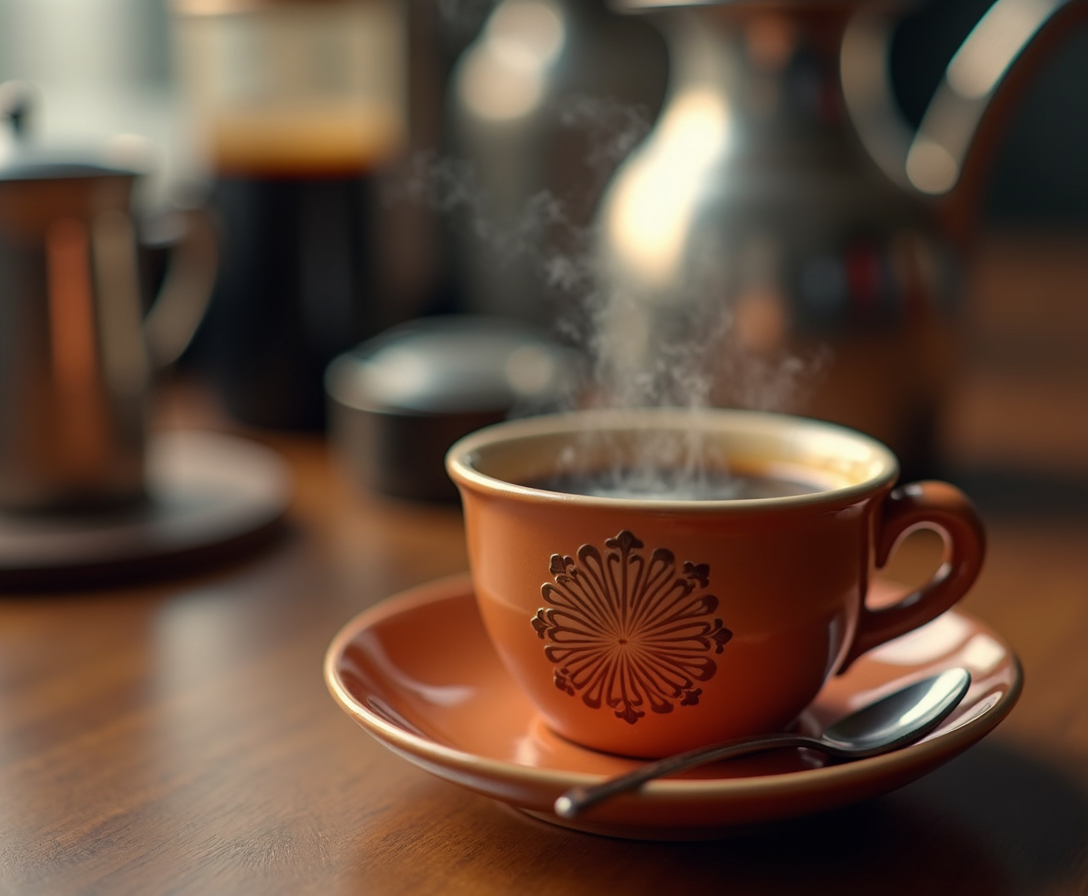 Steaming orange coffee cup with decorative handle on a wooden table